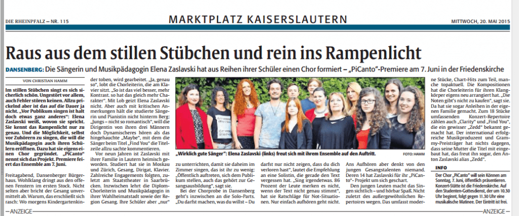PiCanto in der Zeitung Rheinpfalz